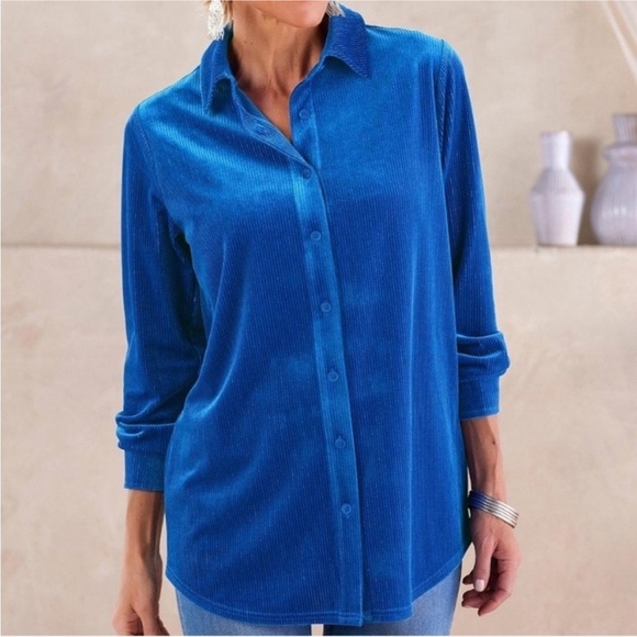 Soft Surroundings Blue Silver Textured Velvet Boyfriend Shirt Button Down - Picture 1 of 9